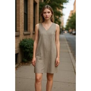 Theory V Neck Shift Dress Sleeveless Linen Blend Neutral‎ Stripe Size 6